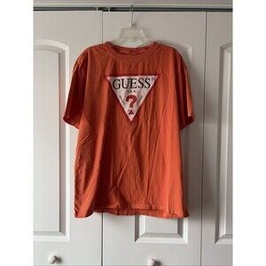 VTG GUESS JEANS T-SHIRT Men Sz Large Orange Large Screen Print Logo